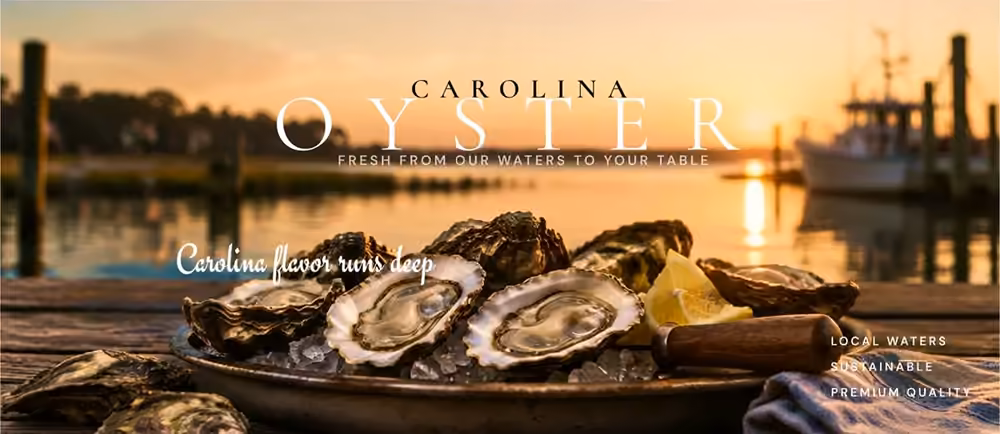 Carolina Oyster artwork: oysters on a dock at sunset, &lsquo;Fresh from our waters to your table&rsquo;